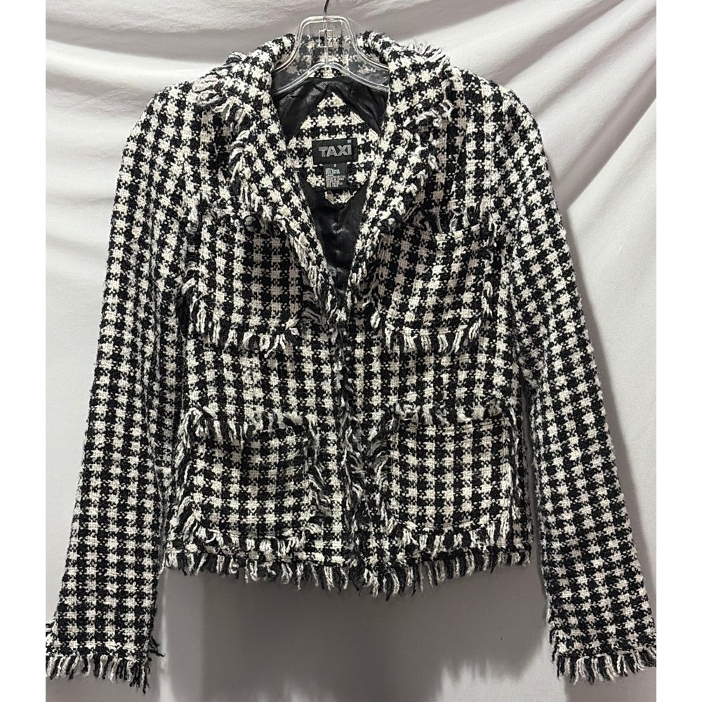 Taxi Black White Houndstooth Tweed Fringe Blazer Jacket Small